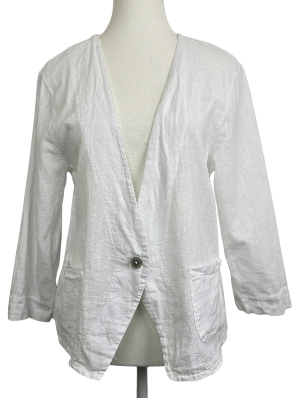 Spighe Di Lino White Linen Blazer Sz Medium Single Button 3/4 Sleeves Lagenlook